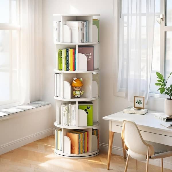 62 in. Tall 360° Wood-MDF White-No Drawer 5-Shelf Bookcase, Storage Cabinet, Display Round Spinning Bookcase Tower