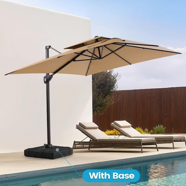 11 ft. x 9 ft. Swivel Double-Top Cantilever Tilt Patio Umbrella in Tan with 260 lbs. HDPE Base