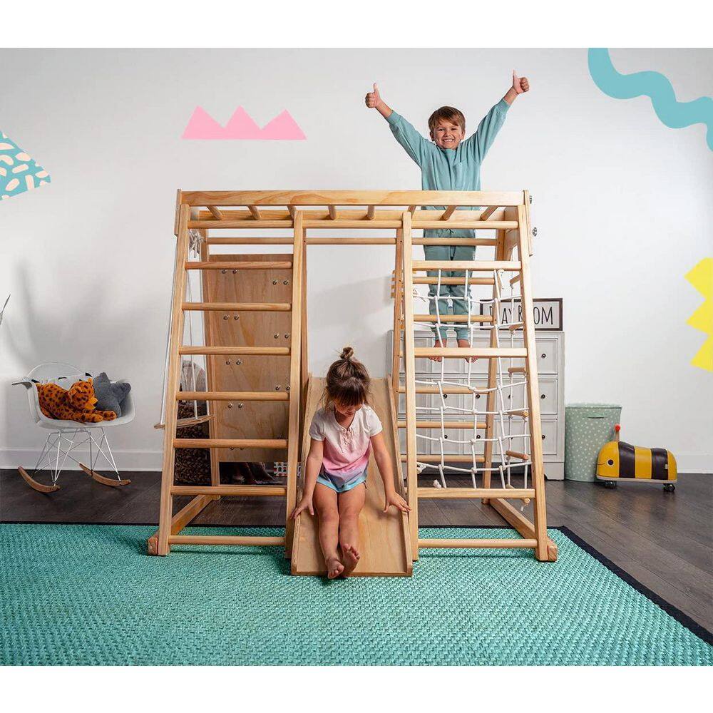 Large Natural Pine Indoor Playset with Slide, Swing, and Climbing Wall