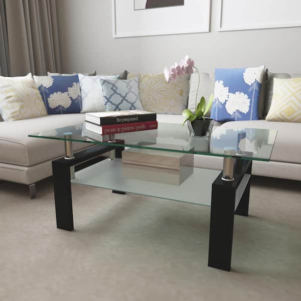 GODEER 39.37 in. Black Rectangle Glass Coffee Table ，Modern Side Center Tables for Living Room