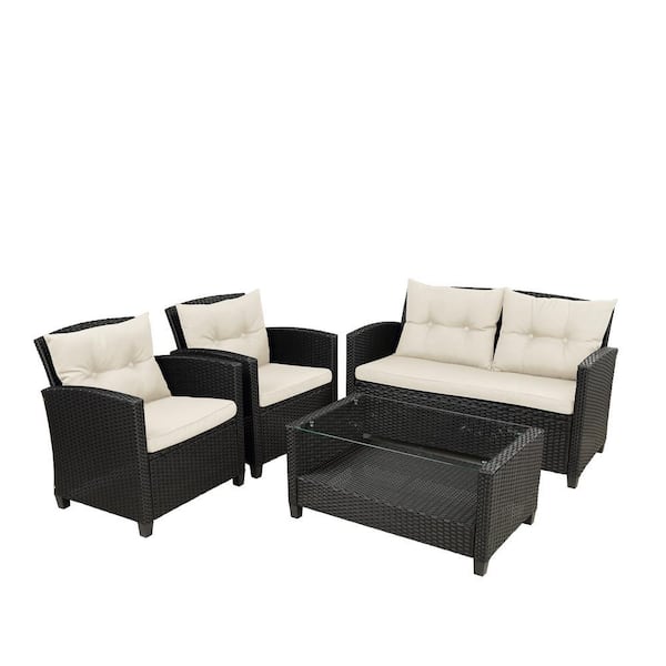 Clihome 4-Pieces Patio Furniture Rattan Patio Conversation Set Outdoor Sofa with Beige Cushions and Storage Glass Table