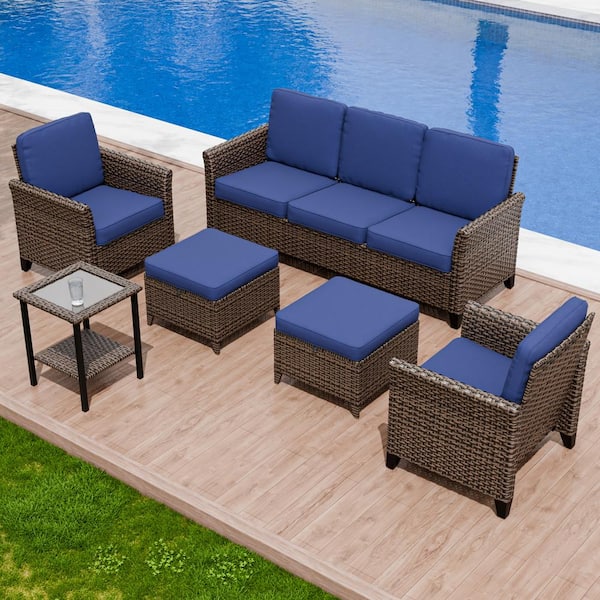 EAGLE PEAK 6-Piece Mix Brown Wicker Patio Conversation Set Wide Armrest 3-Seat Sofa Seating Set with Blue Cushions