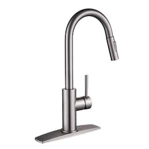 Single Handle Pull Down Sprayer Kitchen Faucet with Plastic Sprayer in Brushed Nickel