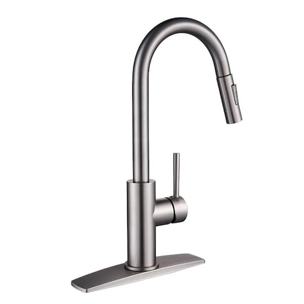 androme Single Handle Pull Down Sprayer Kitchen Faucet with Plastic Sprayer in Brushed Nickel
