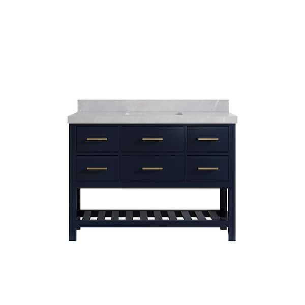Willow Collections Parker 48 in. Single Sink Freestanding Navy Blue Bath Vanity with Pearl Gray Quartz Top Unassembled