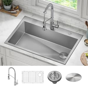 Loften 33 in. Drop-In Single Bowl 18 Gauge Stainless Steel Kitchen Sink with Pull Down Faucet in Chrome and Steel