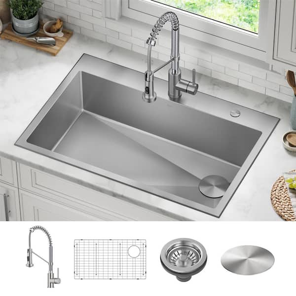 Loften 33 in. Drop-In Single Bowl 18 Gauge Stainless Steel Kitchen Sink with Pull Down Faucet in Chrome and Steel
