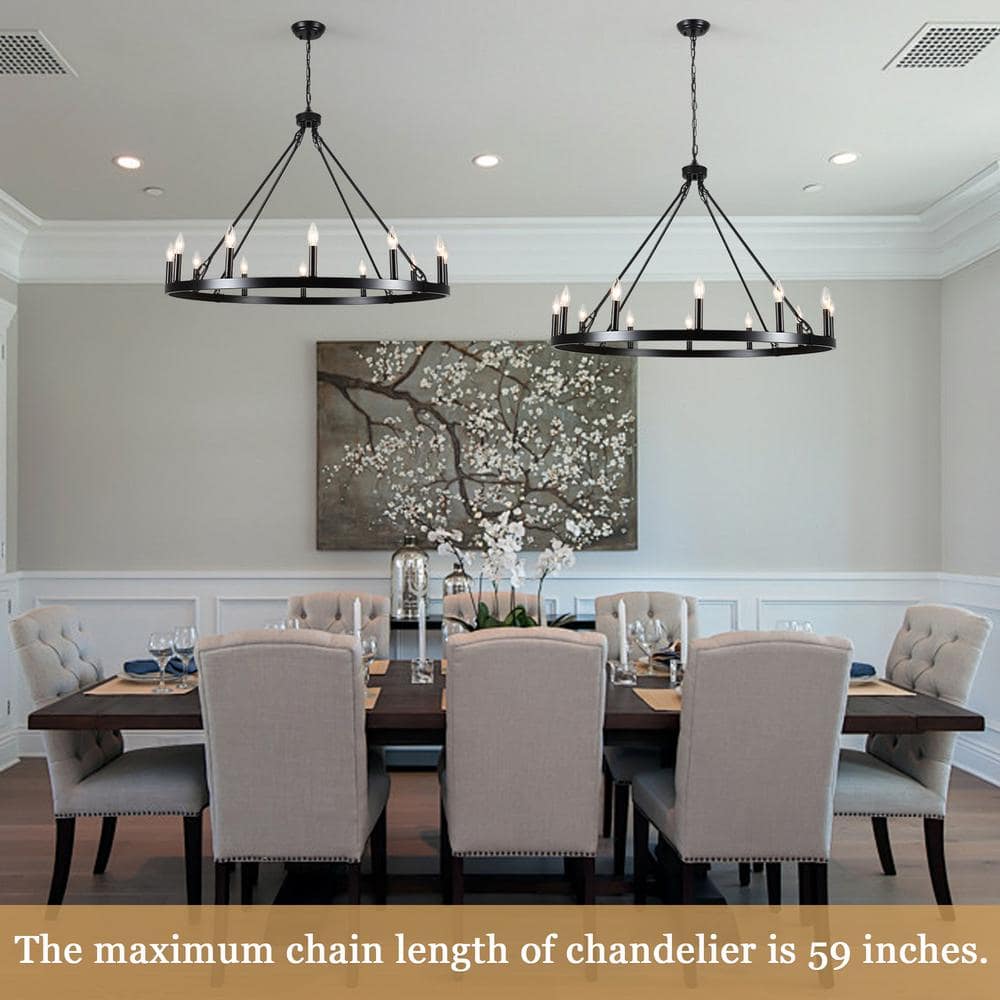 Black Metal 12-Light Candle Wagon Wheel Chandelier