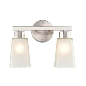 Coley 13.5 in. 2-Light Brushed Nickel Vanity Light with White Glass Shade