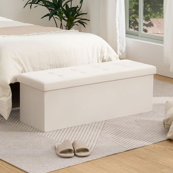 Lusimo 43 in. W Beige Velvet Bedroom Bench with Large Storage Space