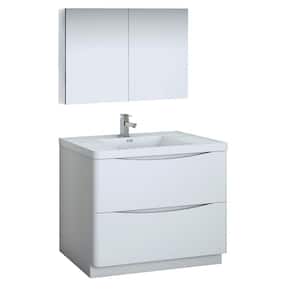 Tuscany 40 in. Modern Bathroom Vanity in Glossy White with Vanity Top in White with White Basin, Medicine Cabinet