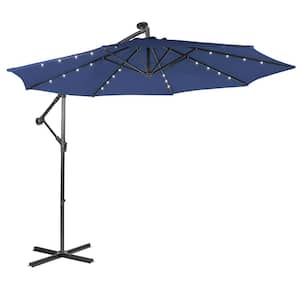 10 ft. Octagon Steel Cantilever 32 Solar LED Lighted Tilt Patio Umbrella in Navy Offset Umbrella with Crank and Stand