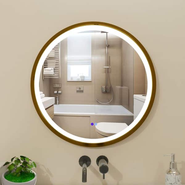 Fab Glass and Mirror 28 in. W. x 28 in. Modern Round Gold Framed Decorative LED Mirror Wall Mounted Anti-Fog and Dimmer Touch Sensor
