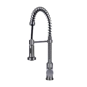 Residential 1-Hole, Single Handle Spring Kitchen Faucet with Flat Sprayer in Gun Metal Pewter