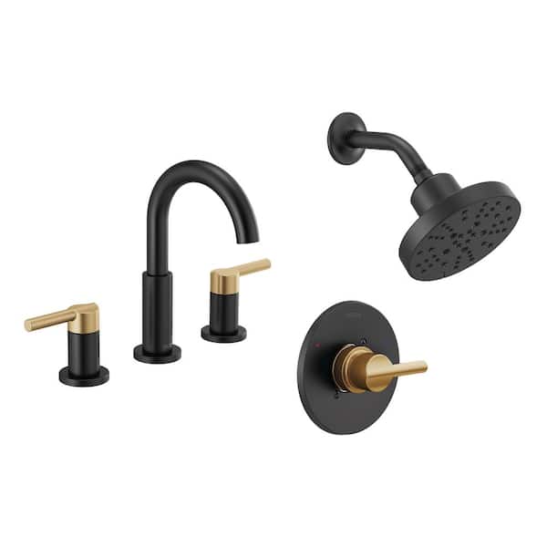 Nicoli 5-Spray Shower Faucet with 8 in. Widespread Double Handle Bathroom Faucet in Matte Black/Champagne Bronze