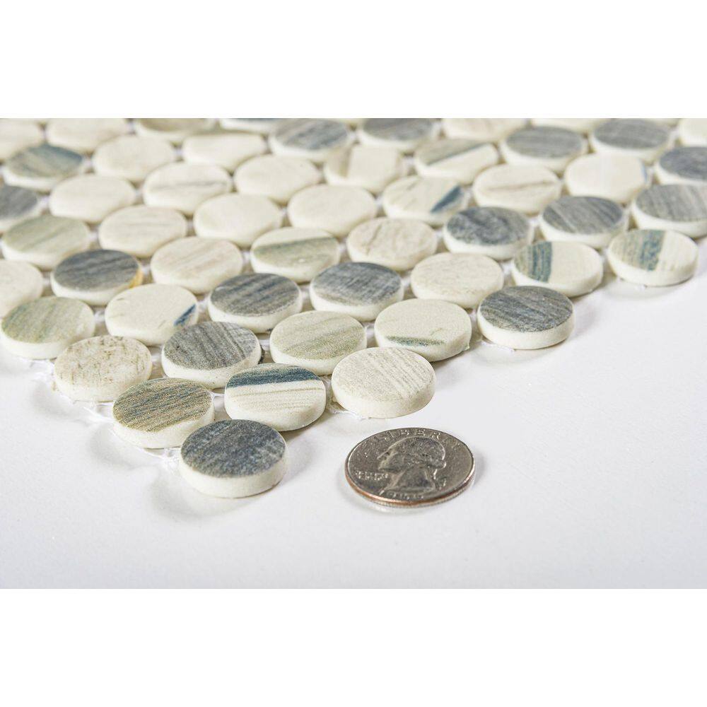 Rei White and Gray Glass Penny Round Mosaic Tile Sample