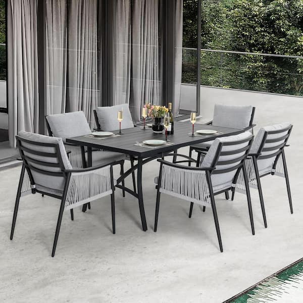 Black 7-Piece Aluminum and Textilene Rope Rectangle Outdoor Dining Set with Umbrella Hole and Soft Cushions with Zippers