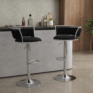 38.7 in. Swivel Adjustable Height Low Back Silver Metal Frame Bar Stool with Black Velvet Seat Cushion(set of 2)
