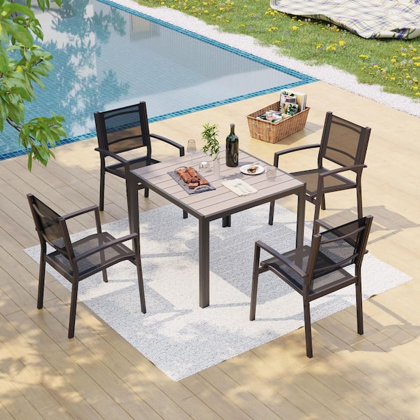 5-Piece Outdoor Dining Set with 4 Textilene Chairs and a Metal Square Table with HIPS Tabletop in Black