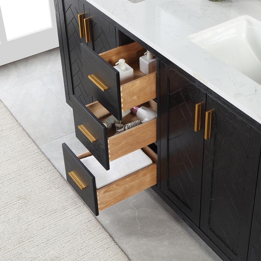 Gazsi 60" Black Oak Double Bathroom Vanity with White Stone Countertop