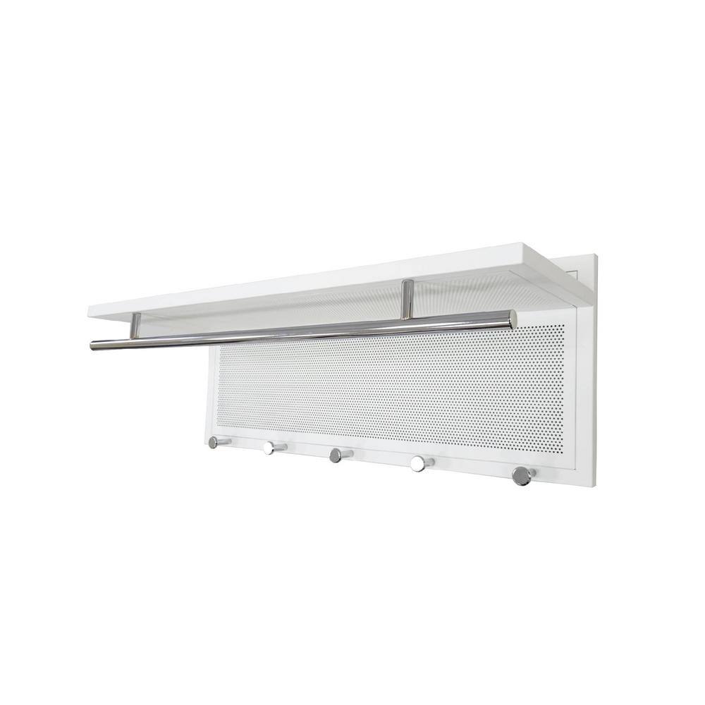 White Metal Wall Mounted Shelf with 5 Hooks