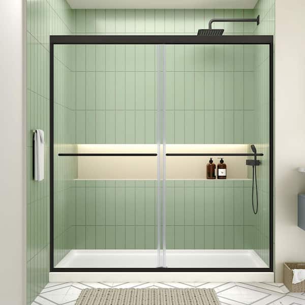 Semi-Frameless Double Sliding Glass Shower Door 56-60 in. W x 70 in. H 1/4 in. 6mm Walk in Shower Towel Bars Matte Black