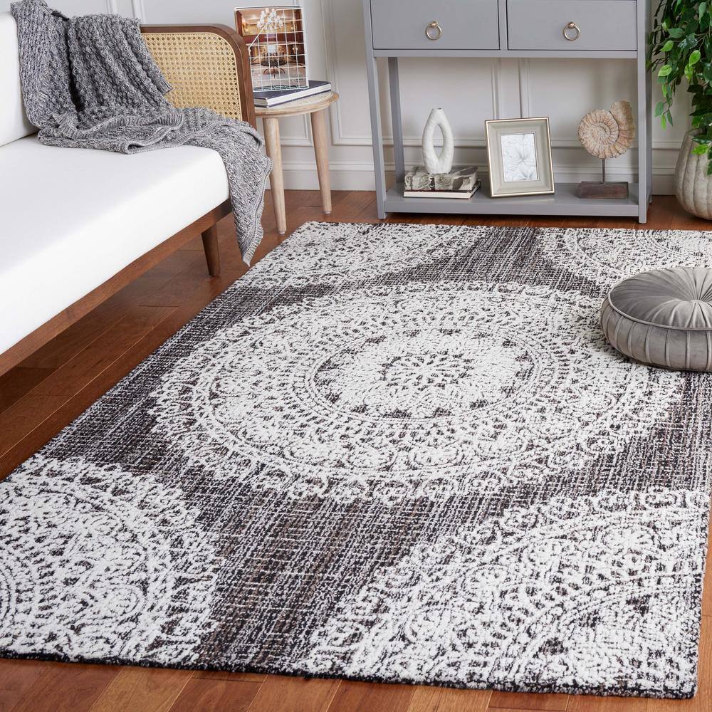 Ivory and Brown Tufted Wool Square Area Rug, 6' x 6'