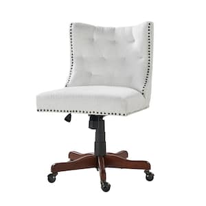 Sadie Ivory Boucle Seat Swivel and Adjustable Height Tufted Armless Task Chair with Nailhead Trim and Solid wood foot