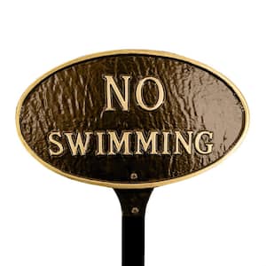 6 in. x 10 in. Small Oval No Swimming Statement Plaque Sign with Lawn Stake - Oil Rubbed/Gold
