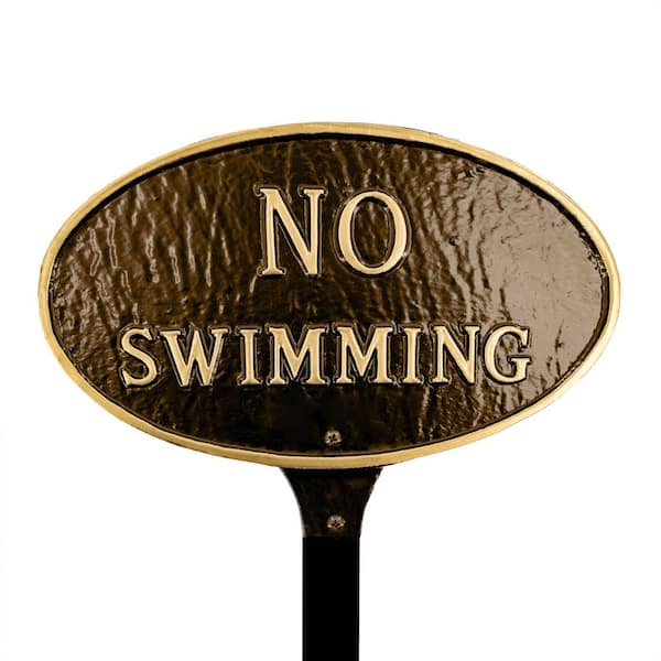 Montague Metal Products 6 in. x 10 in. Small Oval No Swimming Statement Plaque Sign with Lawn Stake - Oil Rubbed/Gold