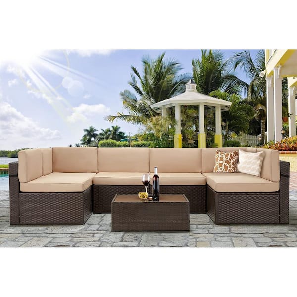 Unbranded Brown 7-Piece Wicker Outdoor Patio Sectional Set, All Weather Rattan Conversation Set with Khaki Cushions, Coffee Table