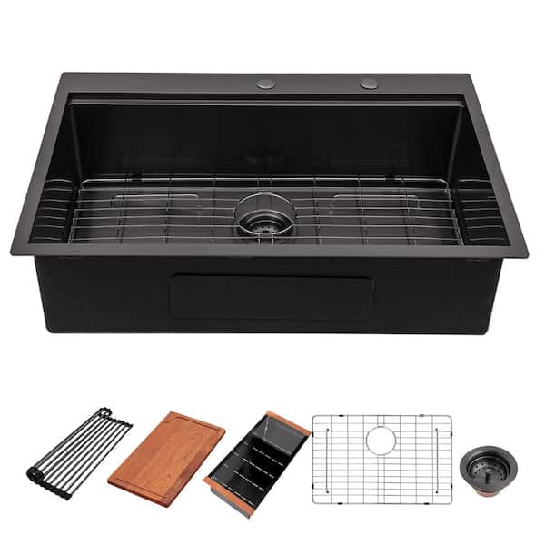 Unbranded LORDER Stainless Steel 33 in. Gunmetal Black Single Bowl Drop-In Kitchen Sink with Bottom Grid and Kitchen Sink Drain