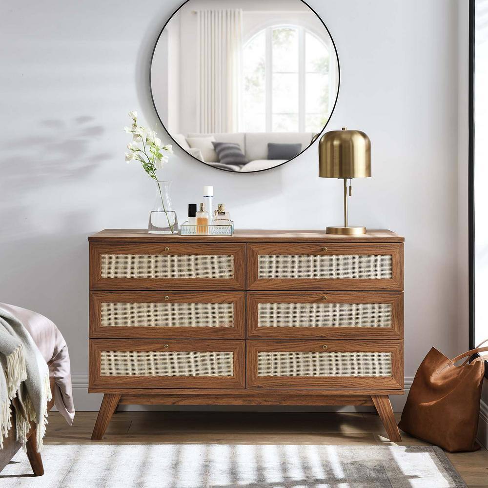 Walnut Double 6-Drawer Dresser with Rattan Weave