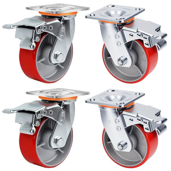 4-Pack 5 in. Red Polyurethane Heavy Duty Swivel Casters with Dual Brakes Steel Core Industrial Wheels 4000 lb.