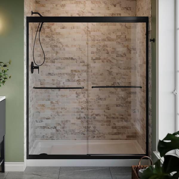 KOHLER Lively 57-60 in. W x 70 in. H Frameless Sliding Shower Door in Matte Black with 1/4 in. Thick Crystal Clear Glass