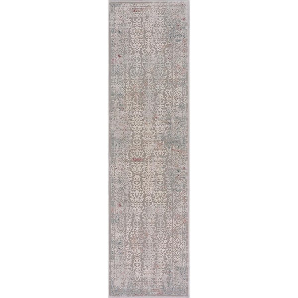 LR Home Imara Dahlia Gray/Ivory 2 ft. 2 in. x 7 ft. 7 in. Transitional Carved Oriental Polyester Area Rug