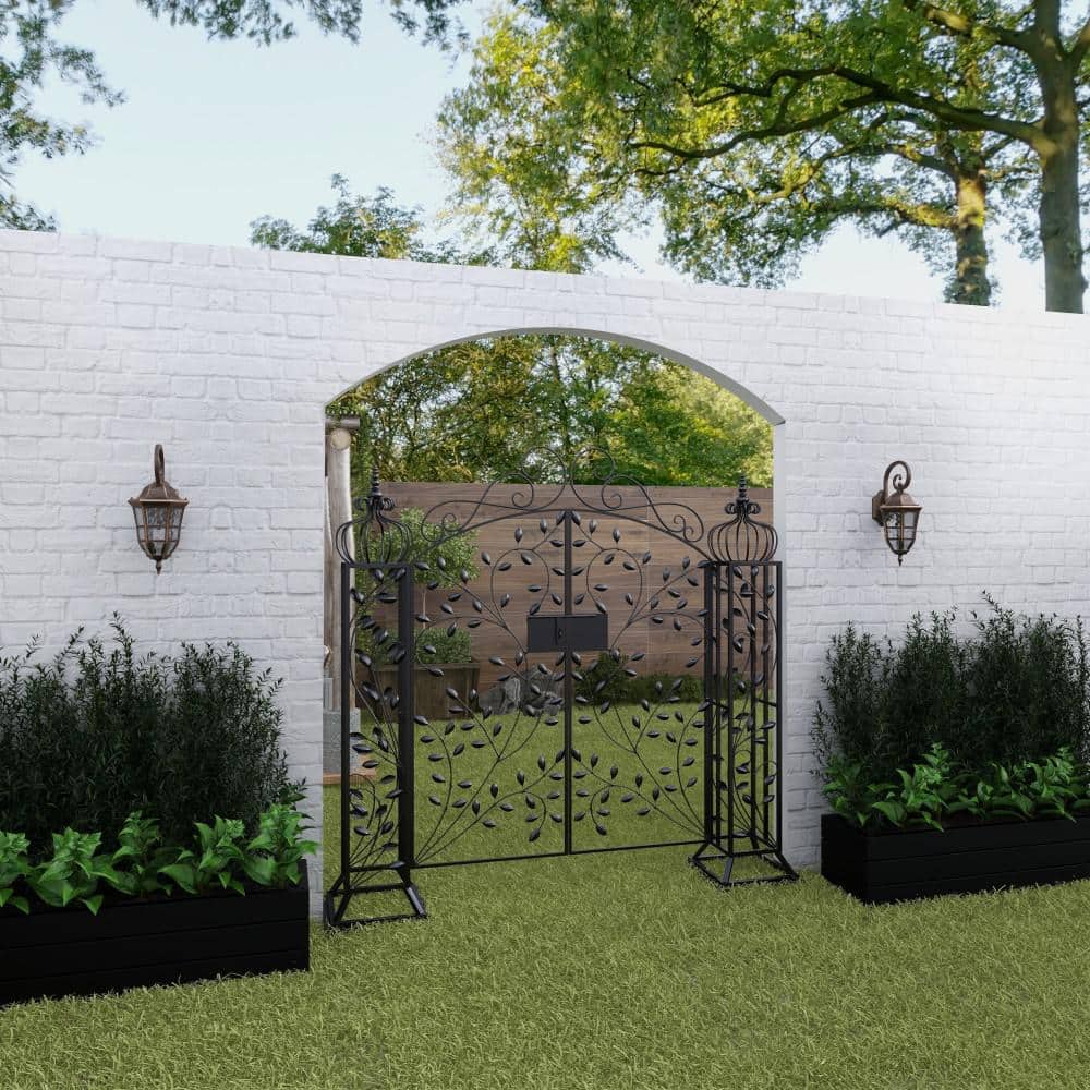 Matte Black Metal Scrollwork Arched Garden Gate Arbor