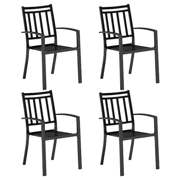 PHI VILLA Black Stackable Stripe Metal Patio Outdoor Dining Chair (4-Pack)
