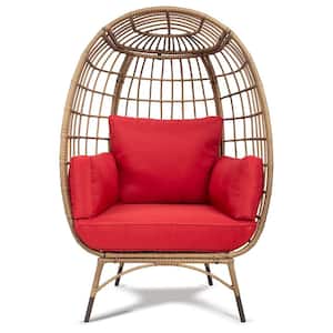 Yellow Swivel Wicker Egg Outdoor Lounge Chair with Red Cushions for Patio, Living Room