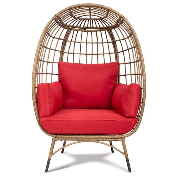 Zeus & Ruta Yellow Swivel Wicker Egg Outdoor Lounge Chair with Red Cushions for Patio, Living Room
