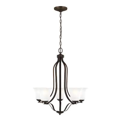 Emmons 23.875 in. 5-Light Bronze Traditional Transitional Hanging Chandelier with Satin Etched Glass Shades