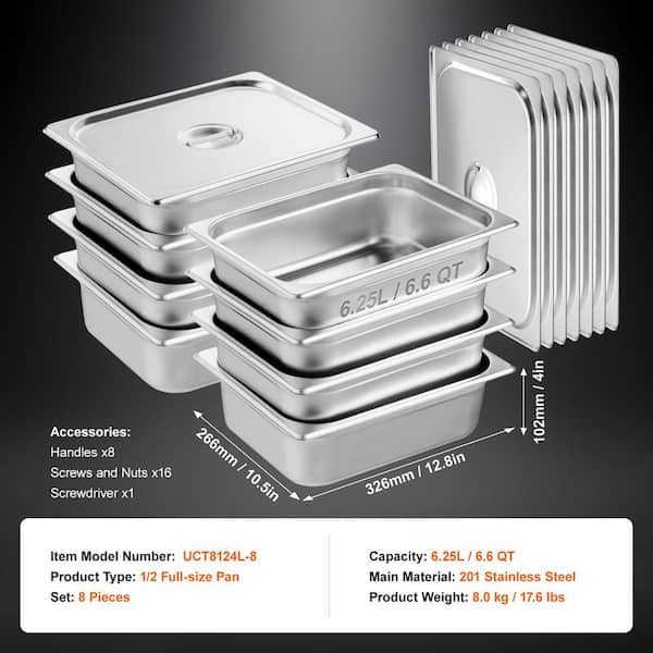 SKYSHALO 8-Pack Hotel Pans, 6.6 qt. Anti-Jam Steam Pan with Lid, 4