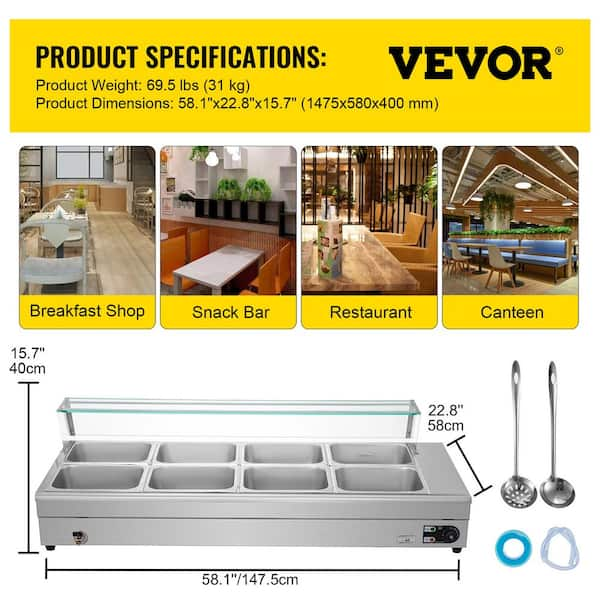 VEVOR 8 Pan x 1/2 GN Bain Marie Food Warmer 88 qt. Food Grade Stainless  Steel Commercial Food Steam Table 1500-Watt BLZBWTC8PB2800001V1 - The Home  Depot