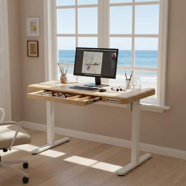WDAY 48 in. Honey Oak Electric Standing Desk with Wireless Charger, Drawer and Memory Height Presets