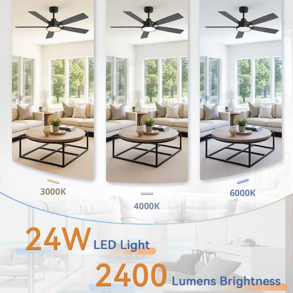 52 in. Indoor Black Powerful LED Silent 6 Wind Speeds Modern Ceiling Fan with Lights and Remote Control