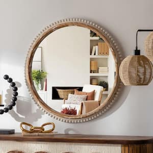 27 in. W x 27 in. H Antiqued White Beaded Wood Round Framed Wall Bathroom Vanity Mirror