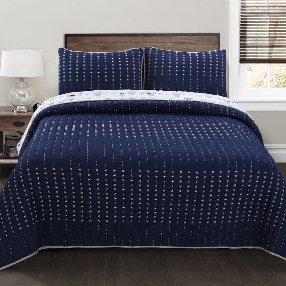 Cozy Line Home Fashions Summit Snowy Mountains 3 Piece Navy Blue Stripe Embroidered Polyester Queen Quilt Set BB2021 063Q The Home Depot
