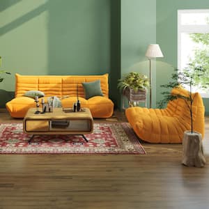 2 Pieces Bean Bag Teddy Velvet Top Thick Seat Living Room Lazy Sofa in Yellow (1 Seater + 2 Seater)