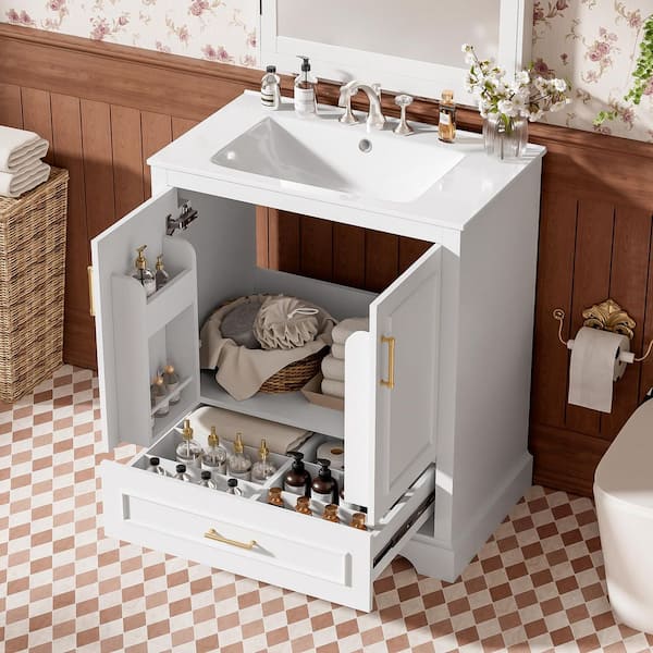 30 in. W Single Sink Bath Vanity in White with White Ceramic Top, Double Door Shelves, 1-Divider Drawer