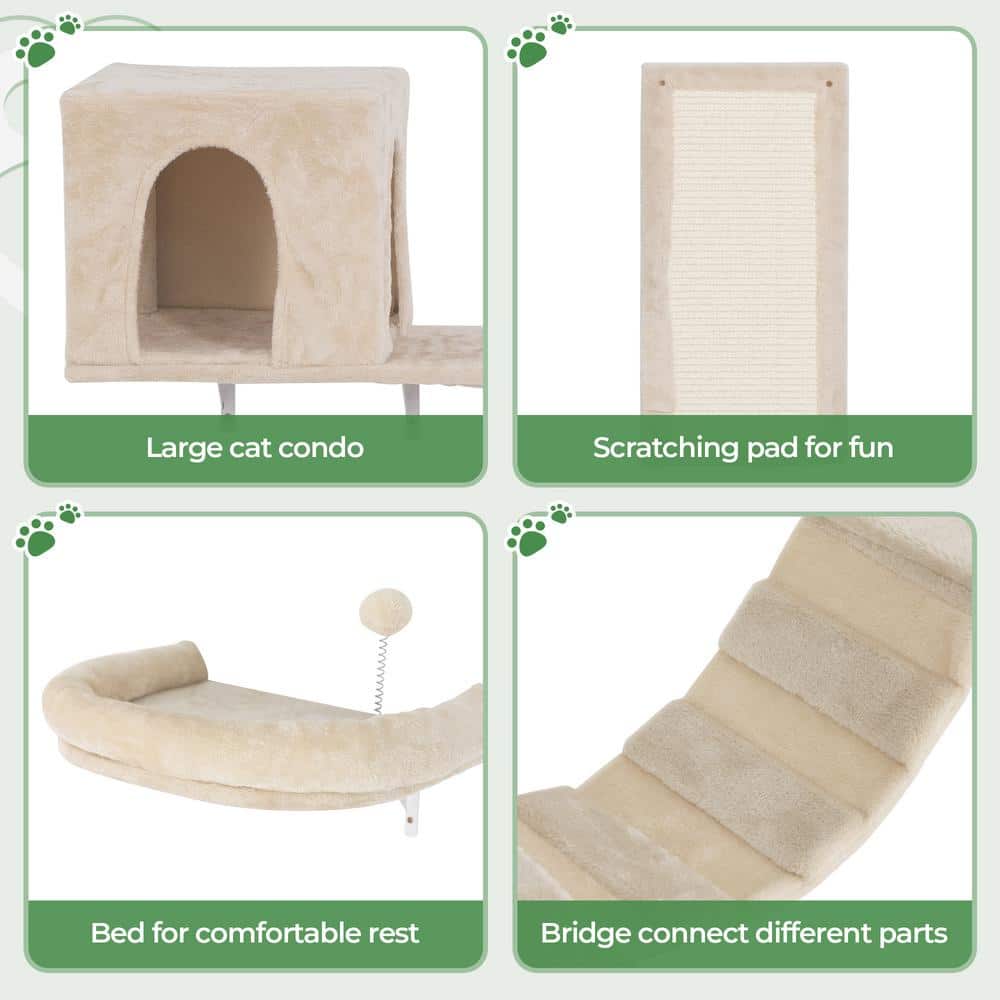 Beige Sisal Wall Mounted Cat Climber Set with Condos and Perches
